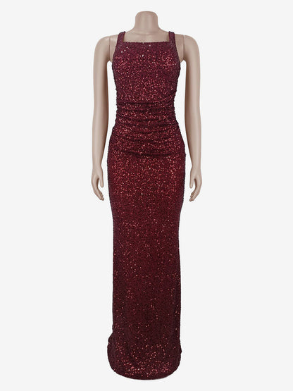 Sparkly Sequin Maxi Formal Dress For Women - Square Neck Slim Fit Back Lace-up Bodycon Mermaid Gown - Summer Gala Prom 2026