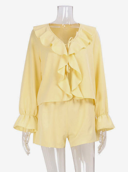 Boho Ruffle 2 Piece Set For Women - Long Sleeve Front Tie Crop Top And Shorts - Summer Beach Vacation Outfit 2026