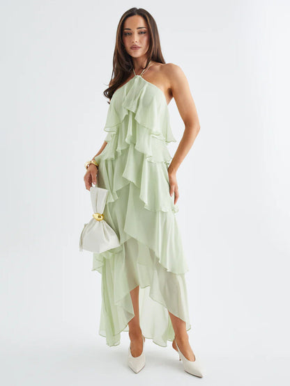 Halter Ruffle Maxi Dress For Women - Elegant Backless Tiered Chiffon High Low Sun Dress - Summer Date Night Outfit 2026