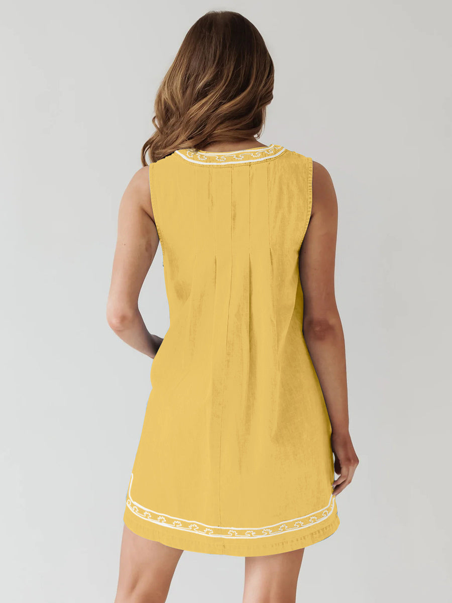 Embroidered Denim Mini Dress For Women - Casual V Neck Tie Front Loose Babydoll Sun Dress With Pockets - Summer Beach Vacation 2026