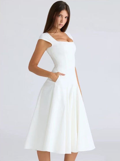 Elegant Square Neck A-Line Midi Dress For Women - Vintage Sleeveless Fit And Flare SunDress - Summer Wedding Guest Cocktail 2026