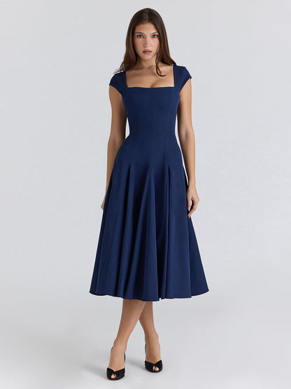 Elegant Square Neck A-Line Midi Dress For Women - Vintage Sleeveless Fit And Flare SunDress - Summer Wedding Guest Cocktail 2026