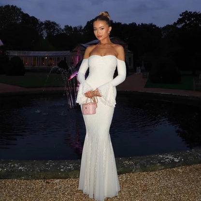 Lace Off Shoulder Maxi Dress For Women - Elegant Trumpet Long Sleeves Mermaid Gown - Spring Formal Evening Party 2026