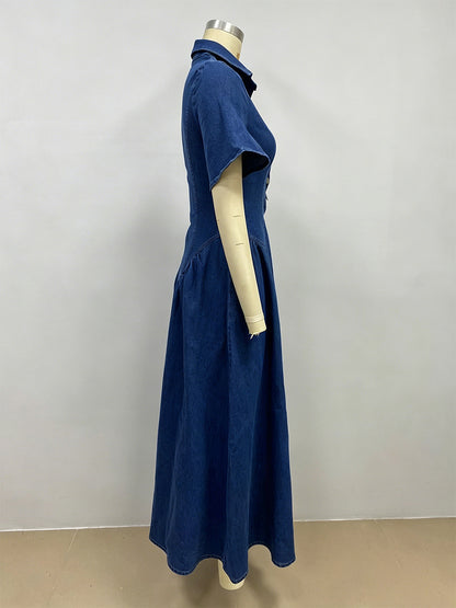 Button Front Denim Long Dress For Women - Dark Blue Boho A-Line Fit And Flare Short Sleeve Jean Dress - Summer Daily Casual 2026