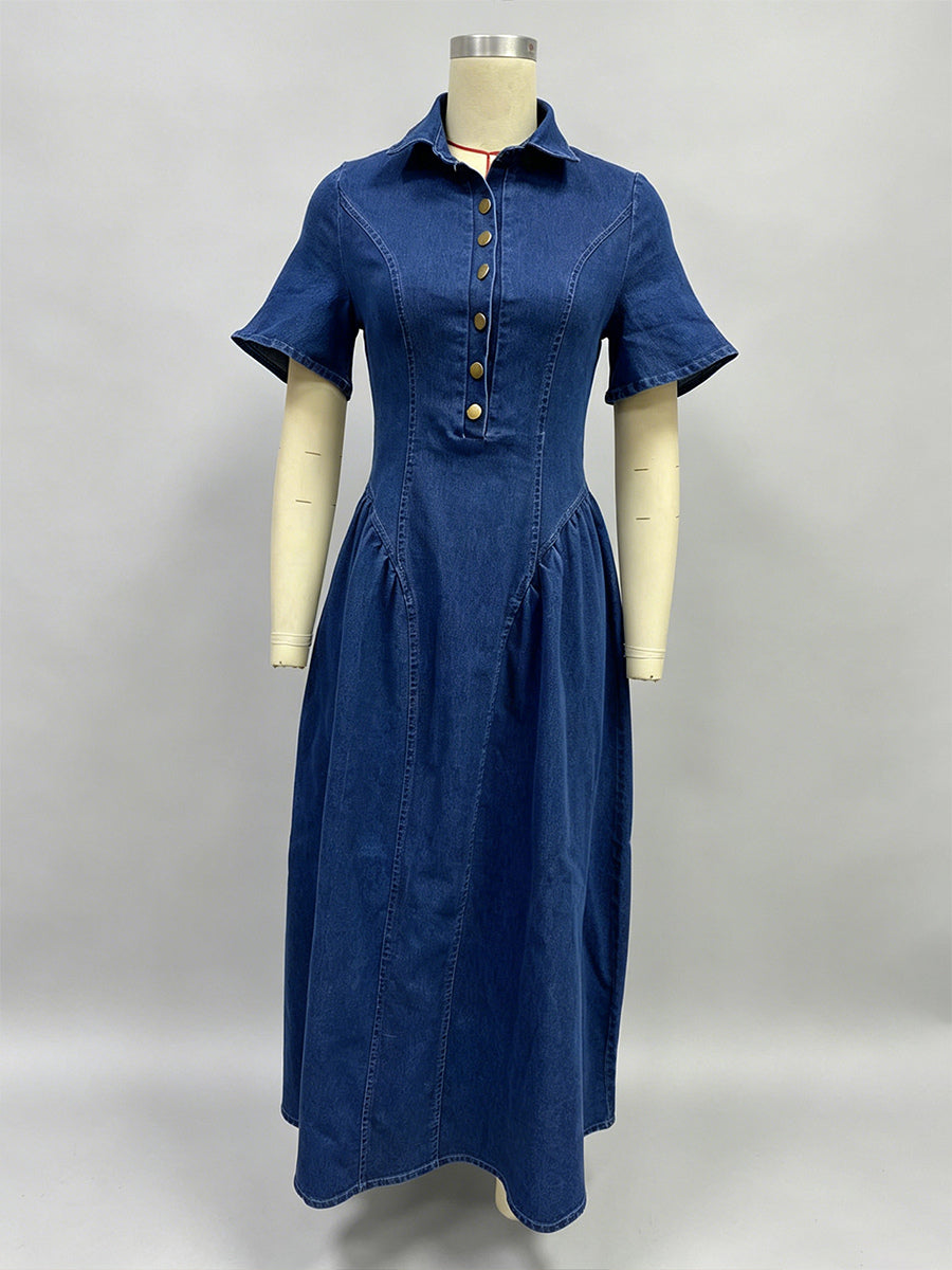 Button Front Denim Long Dress For Women - Dark Blue Boho A-Line Fit And Flare Short Sleeve Jean Dress - Summer Daily Casual 2026