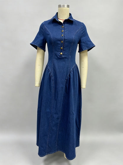 Button Front Denim Long Dress For Women - Dark Blue Boho A-Line Fit And Flare Short Sleeve Jean Dress - Summer Daily Casual 2026
