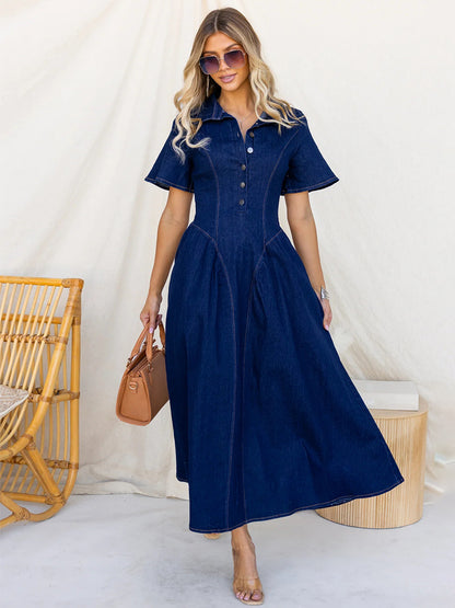 Button Front Denim Long Dress For Women - Dark Blue Boho A-Line Fit And Flare Short Sleeve Jean Dress - Summer Daily Casual 2026