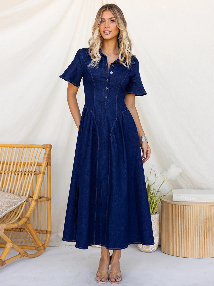 Button Front Denim Long Dress For Women - Dark Blue Boho A-Line Fit And Flare Short Sleeve Jean Dress - Summer Daily Casual 2026