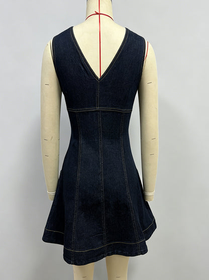 Sleeveless Mini Denim Dress For Women - Dark Blue Western Style Front Zip Slim Fit Jean Sundress - Summer Music Festival 2026