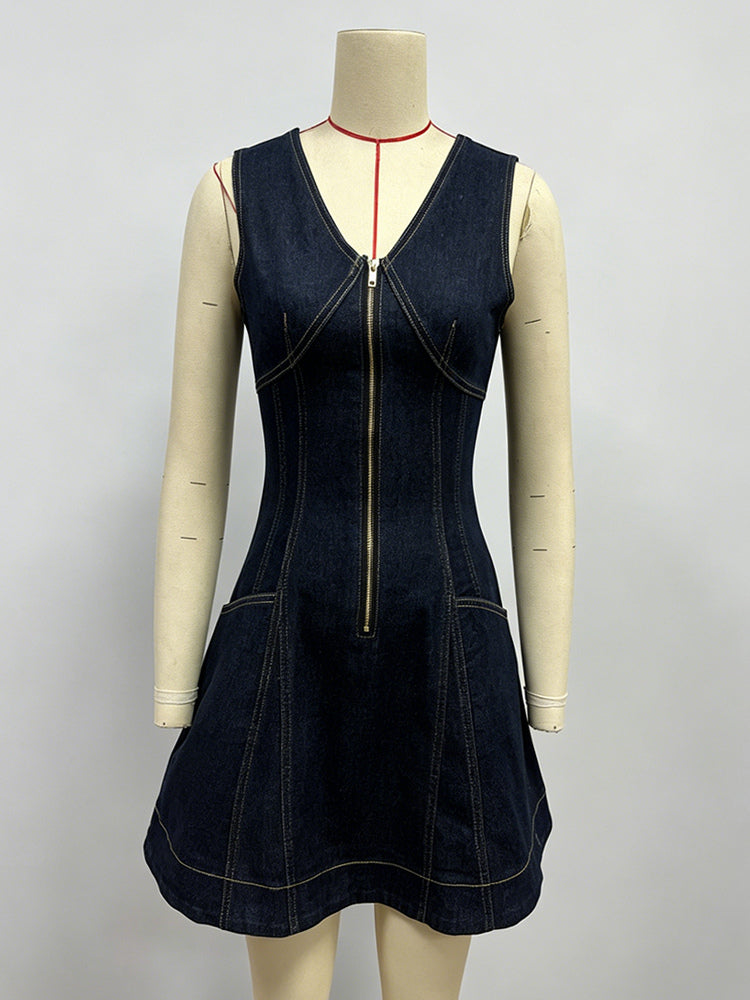 Sleeveless Mini Denim Dress For Women - Dark Blue Western Style Front Zip Slim Fit Jean Sundress - Summer Music Festival 2026