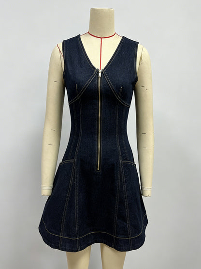 Sleeveless Mini Denim Dress For Women - Dark Blue Western Style Front Zip Slim Fit Jean Sundress - Summer Music Festival 2026
