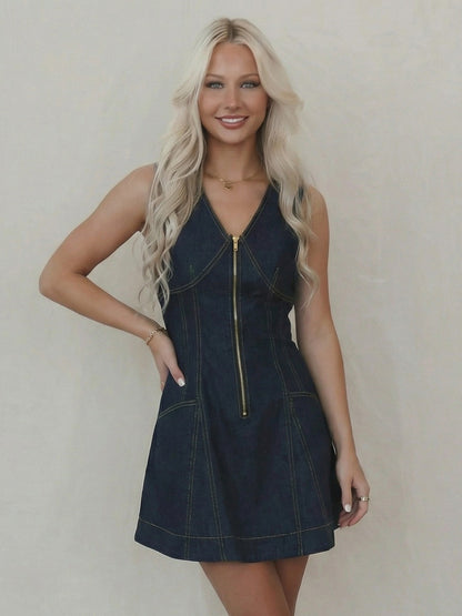 Sleeveless Mini Denim Dress For Women - Dark Blue Western Style Front Zip Slim Fit Jean Sundress - Summer Music Festival 2026