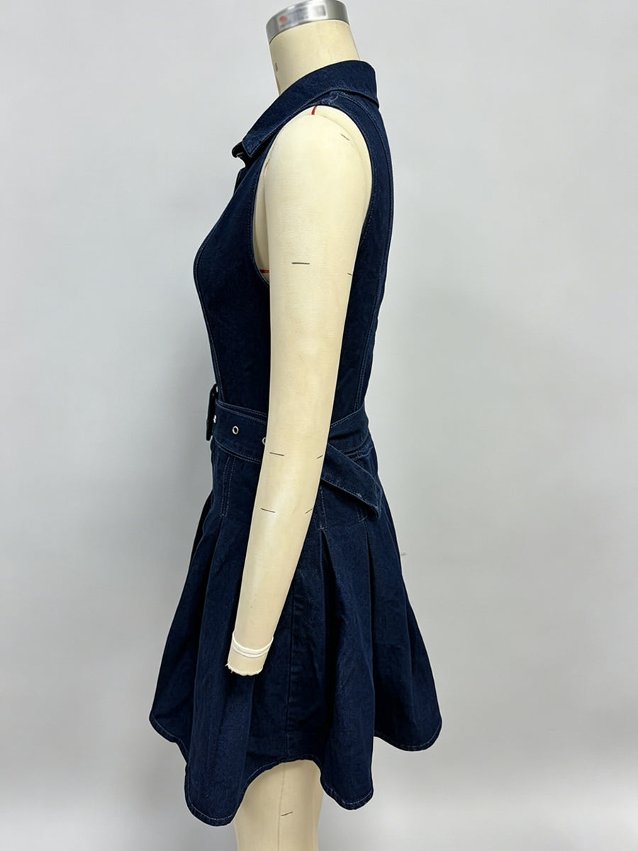 Sleeveless Denim Mini Dress For Women - Y2K Pleated Belted Button Up Jean Skater Dress - Summer Casual Picnic 2026