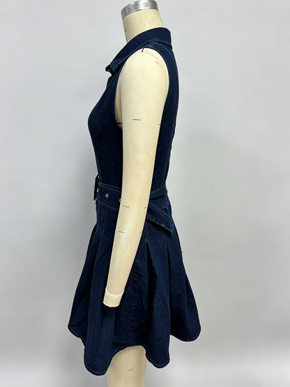 Sleeveless Denim Mini Dress For Women - Y2K Pleated Belted Button Up Jean Skater Dress - Summer Casual Picnic 2026