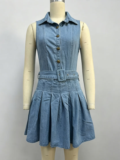 Sleeveless Denim Mini Dress For Women - Y2K Pleated Belted Button Up Jean Skater Dress - Summer Casual Picnic 2026