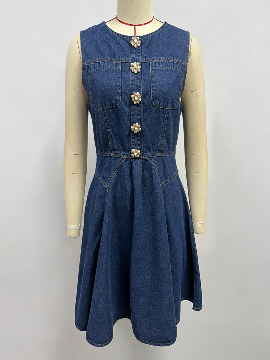 Sleeveless Mini Denim Dress For Women - Medium Blue Y2K Flower Button Fit And Flare Jean Pleated Sun Dress - Summer Casual Party 2026