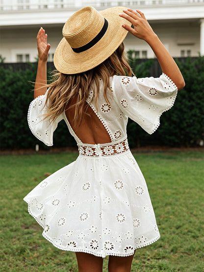 White Eyelet Backless Mini Dress For Women - Boho Flare Sleeve Fit And Flare Cotton Sundress - Summer Beach Vacation 2026
