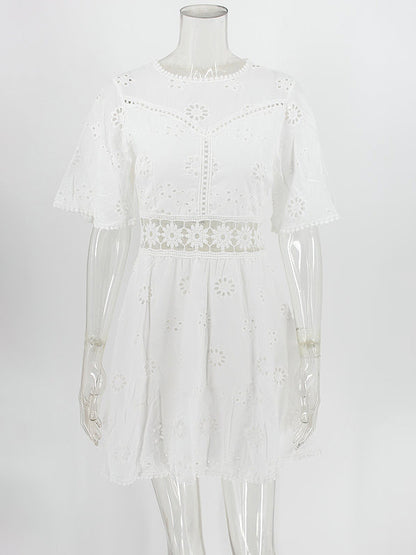 White Eyelet Backless Mini Dress For Women - Boho Flare Sleeve Fit And Flare Cotton Sundress - Summer Beach Vacation 2026