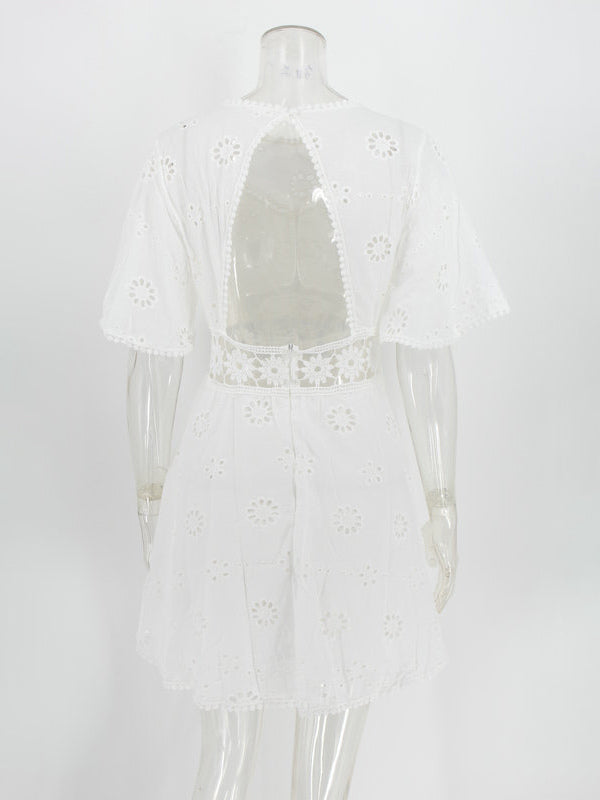 White Eyelet Backless Mini Dress For Women - Boho Flare Sleeve Fit And Flare Cotton Sundress - Summer Beach Vacation 2026