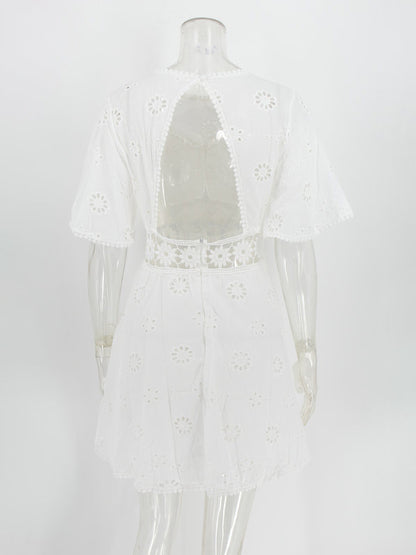 White Eyelet Backless Mini Dress For Women - Boho Flare Sleeve Fit And Flare Cotton Sundress - Summer Beach Vacation 2026