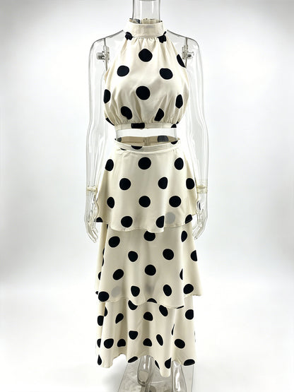 Polka Dot Skirt Two Piece Set For Women - Retro Halter Neck Crop Top And Tiered Maxi Skirt - Summer Garden Party 2026
