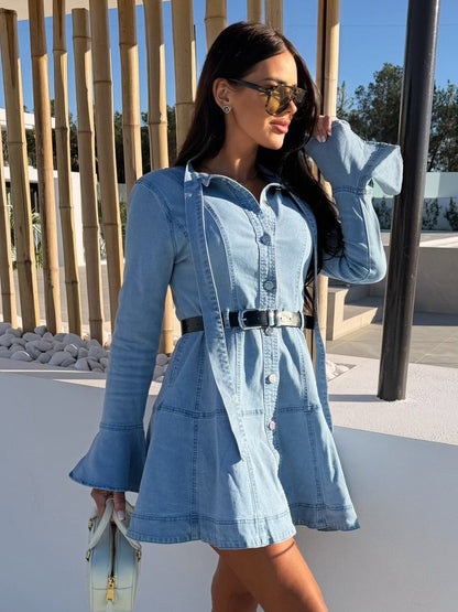 Bell Sleeve Mini Denim Dress For Women - Light Blue Flare Cuff Button Down Belted Jean Shirt Dress - Spring Daily Casual 2026