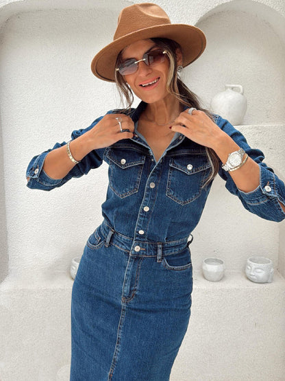 Long Sleeve Denim Midi Dress For Women - Blue Western Style Button Front Split Front Bodycon Jean Dress - Spring Daily Casual 2026