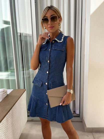 Sleeveless Mini Denim Dress For Women - Dark Blue Beaded Collar Button Up Ruffle Hem Slim Fit Jean Dress - Summer Casual Party 2026