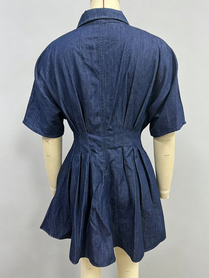 Short Sleeve Mini Denim Dress For Women - Dark Blue Pleated Waist Button Down Jean Shirt Dress - Summer Casual Party 2026