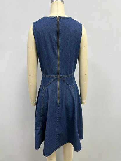 Sleeveless Mini Denim Dress For Women - Medium Blue Y2K Flower Button Fit And Flare Jean Pleated Sun Dress - Summer Casual Party 2026