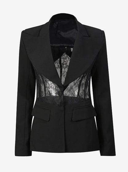 Sexy Lace Patchwork Blazer For Women - Black Gothic Sheer Mesh Waist Slim Fit Suit Jacket - Spring Evening Party 2026