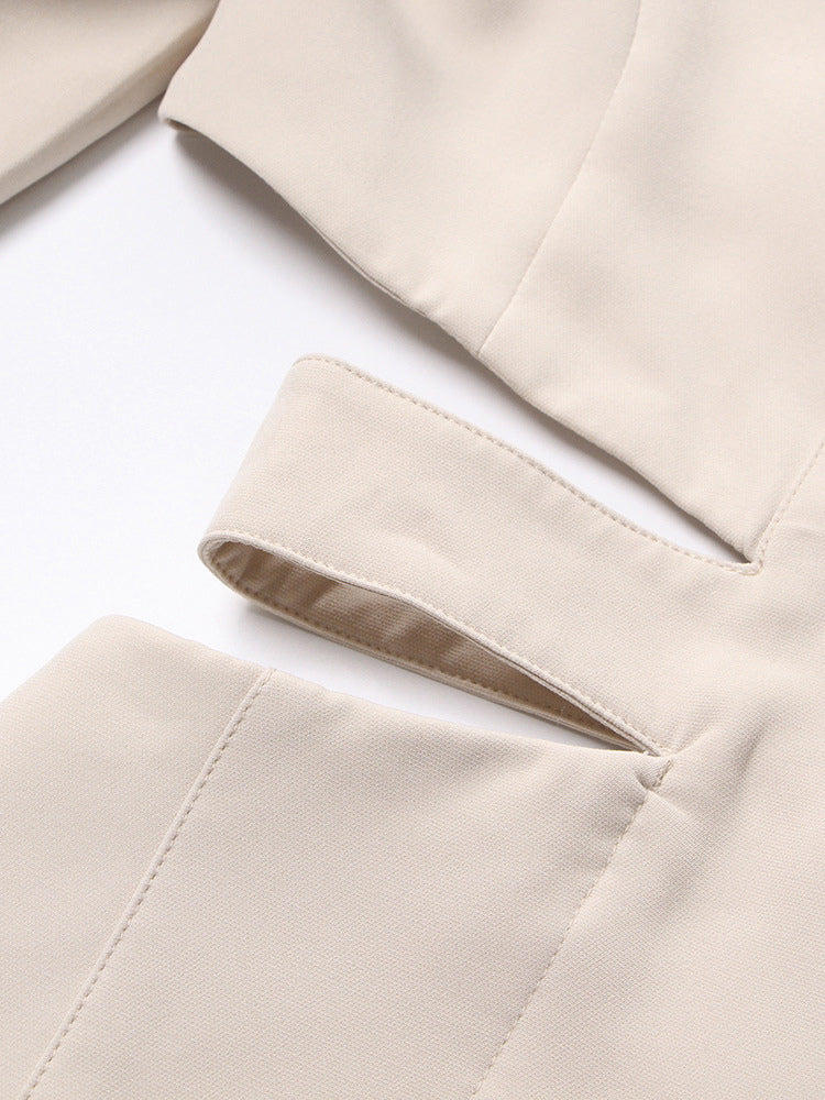 Cut Out Blazer For Women - Beige Elegant Single Button Slim Fit Long Jacket - Spring Office-to-dinner 2026
