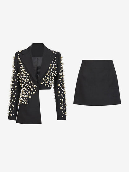 Pearl Beaded Blazer Skirt Set For Women - Sexy Asymmetric Hem Cut Out Mini 2 Piece Suit - Spring Night Out Party 2026