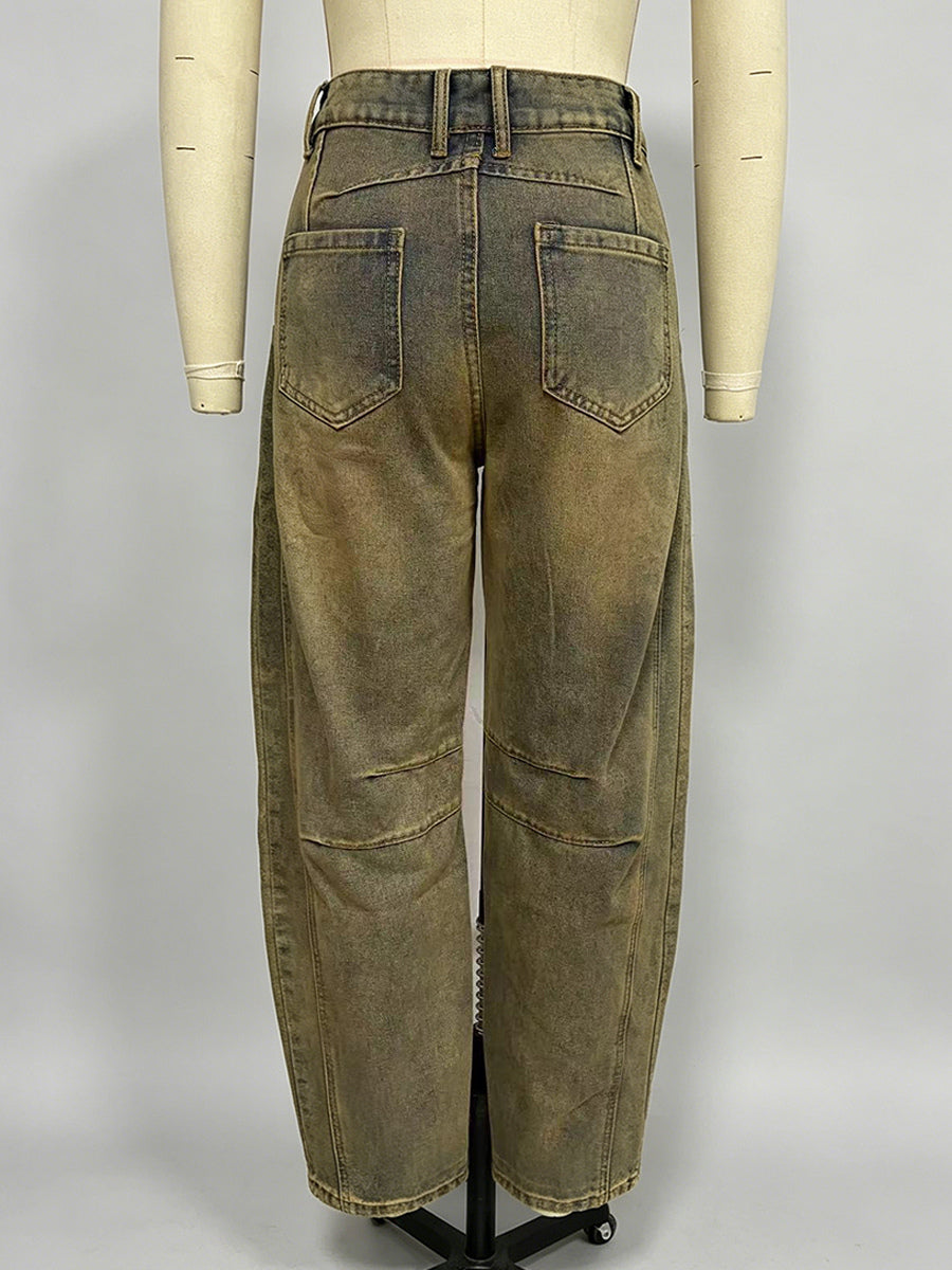 Barrel Leg Jeans For Women - Horseshoe Cut Baggy Wide Leg Denim Trousers With Seam Detail - Spring Casual Streetwear 2026