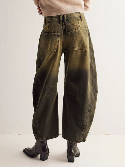 Barrel Leg Jeans For Women - Horseshoe Cut Baggy Wide Leg Denim Trousers With Seam Detail - Spring Casual Streetwear 2026