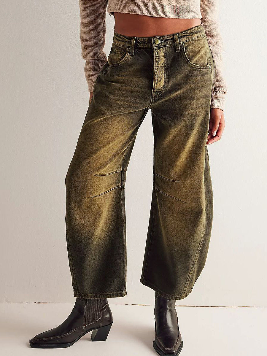 Barrel Leg Jeans For Women - Horseshoe Cut Baggy Wide Leg Denim Trousers With Seam Detail - Spring Casual Streetwear 2026