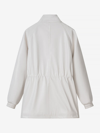 Faux Leather Safari Jacket For Women - Drawstring Waist High Neck Cargo Pocket Midi Coat - Spring Chic Streetwear 2026