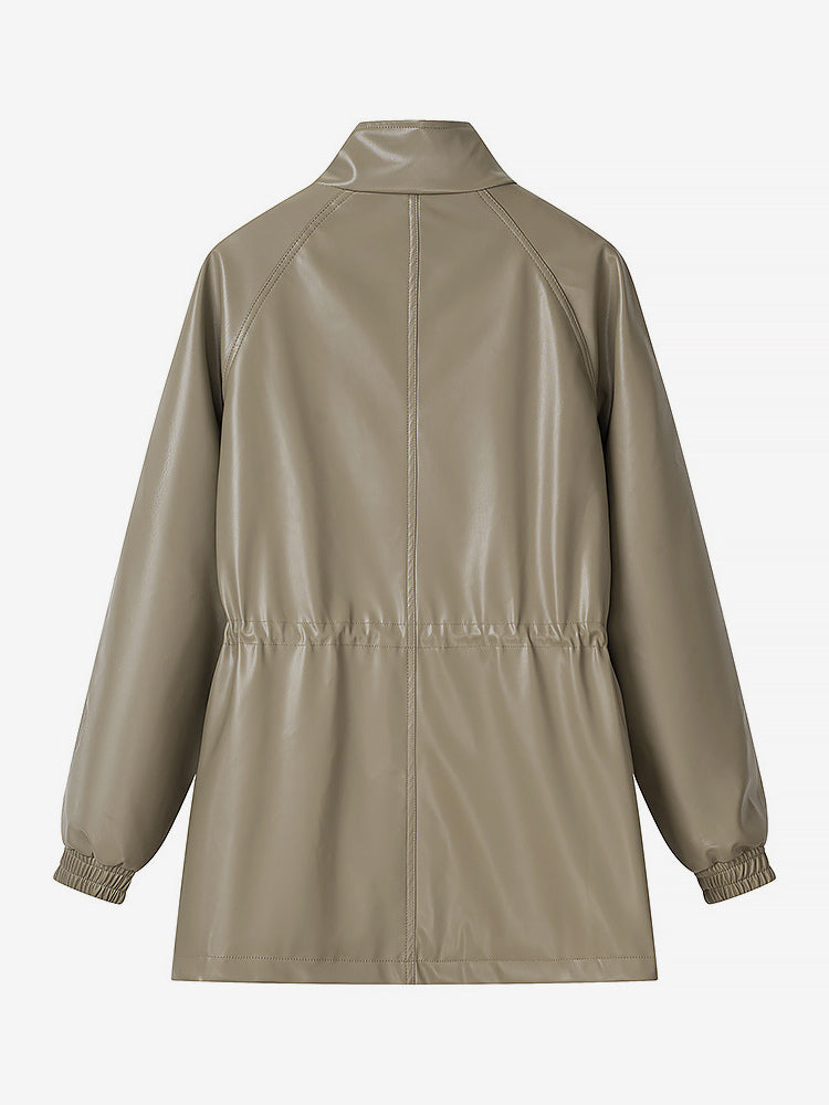 Faux Leather Safari Jacket For Women - Drawstring Waist High Neck Cargo Pocket Midi Coat - Spring Chic Streetwear 2026