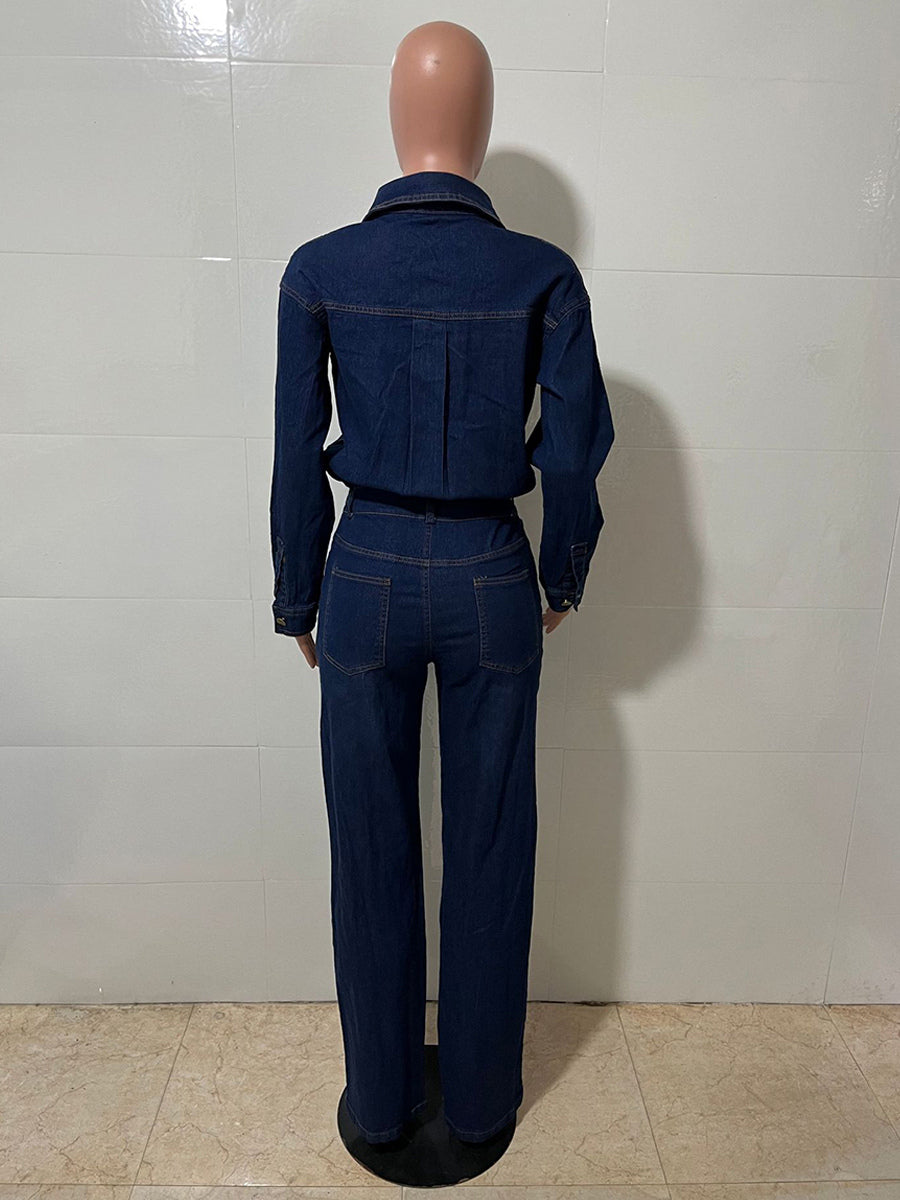 Long Sleeve Denim Jumpsuit For Women - Blue Button Down Straight Leg One Piece Jean Romper - Spring Casual Streetwear 2026