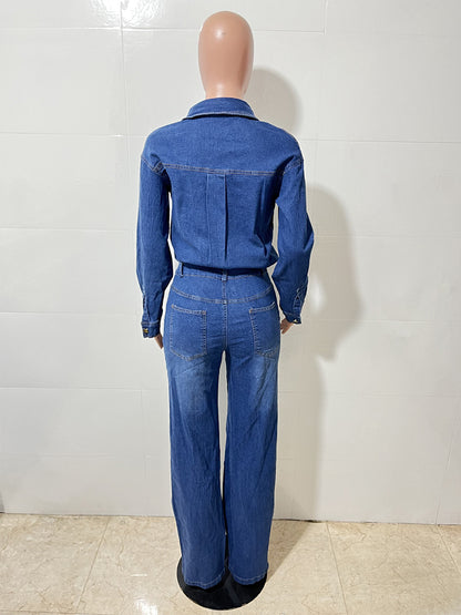 Long Sleeve Denim Jumpsuit For Women - Blue Button Down Straight Leg One Piece Jean Romper - Spring Casual Streetwear 2026