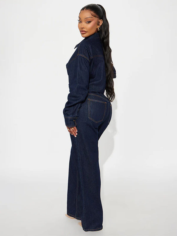 Long Sleeve Denim Jumpsuit For Women - Blue Button Down Straight Leg One Piece Jean Romper - Spring Casual Streetwear 2026