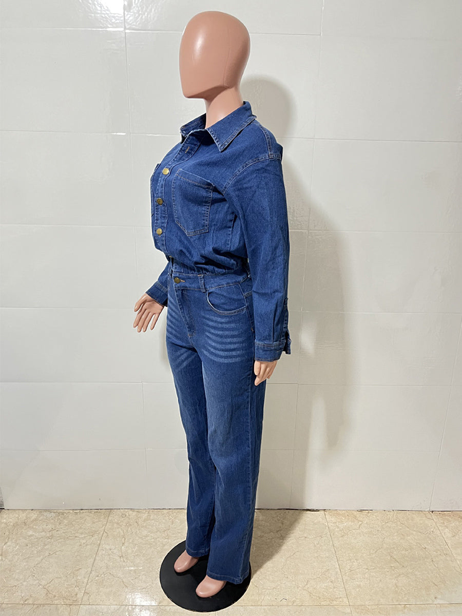 Long Sleeve Denim Jumpsuit For Women - Blue Button Down Straight Leg One Piece Jean Romper - Spring Casual Streetwear 2026