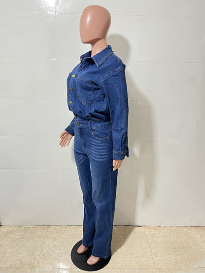 Long Sleeve Denim Jumpsuit For Women - Blue Button Down Straight Leg One Piece Jean Romper - Spring Casual Streetwear 2026