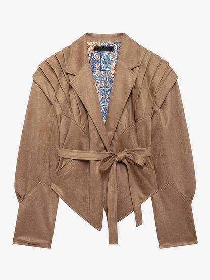 Faux Suede Wrap Jacket For Women - Brown Hourglass Tailored Blazer Structured Shoulder Coat - Spring Chic Streetwear 2026