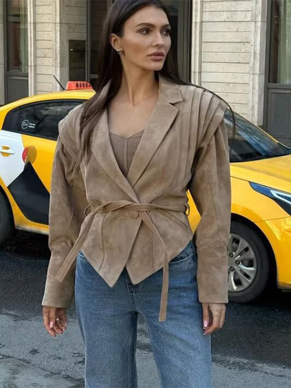 Faux Suede Wrap Jacket For Women - Brown Hourglass Tailored Blazer Structured Shoulder Coat - Spring Chic Streetwear 2026