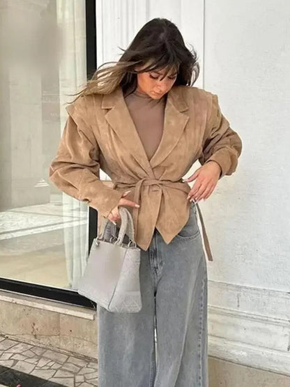 Faux Suede Wrap Jacket For Women - Brown Hourglass Tailored Blazer Structured Shoulder Coat - Spring Chic Streetwear 2026