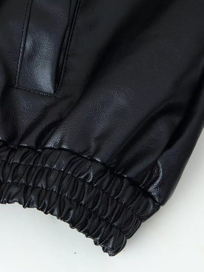 Oversized Faux Leather Bomber Jacket For Women - Black Retro High Neck Loose Moto Biker Coat - Spring Chic Streetwear 2026
