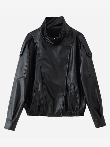 Oversized Faux Leather Bomber Jacket For Women - Black Retro High Neck Loose Moto Biker Coat - Spring Chic Streetwear 2026