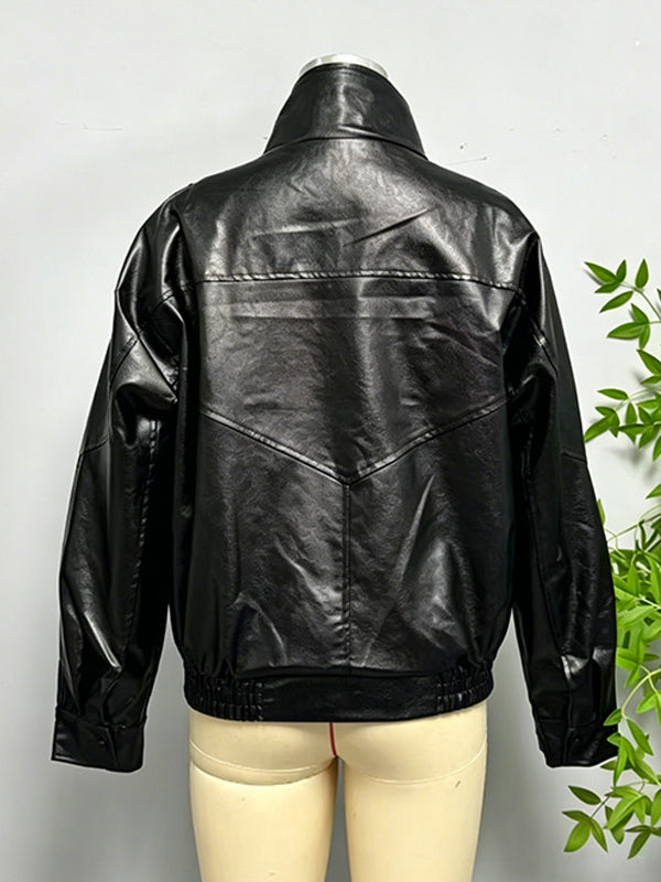 Oversized Faux Leather Bomber Jacket For Women - Black Retro High Neck Loose Moto Biker Coat - Spring Chic Streetwear 2026