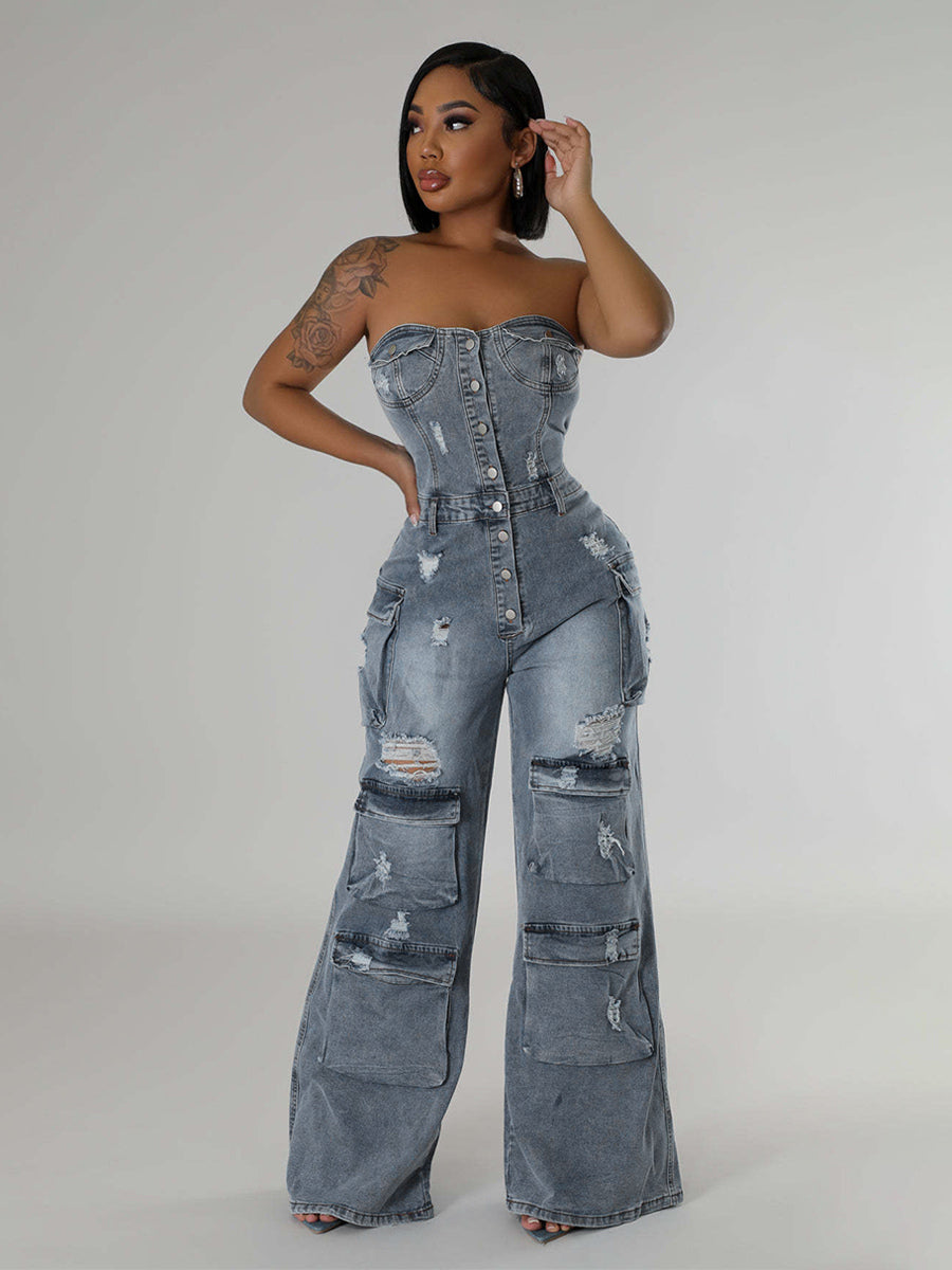 Cargo Strapless Denim Jumpsuit For Women - Blue Y2K Ripped Wide Leg Bodycon Playsuit With Pocket - Summer Night Out Club 2026